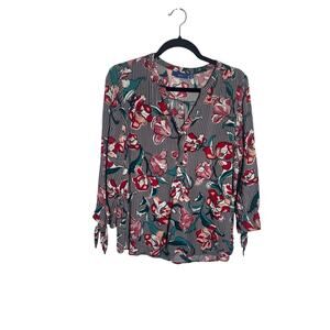 APT 9 Womens XL Striped Floral Print Split Neck Tie Sleeve Blouse Top